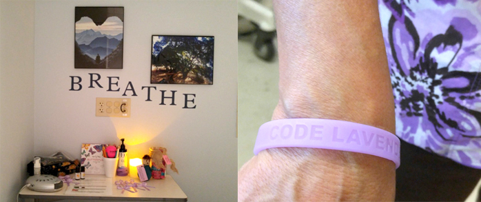 A motivational desk layout and a person wearing a Code Lavender wristband.